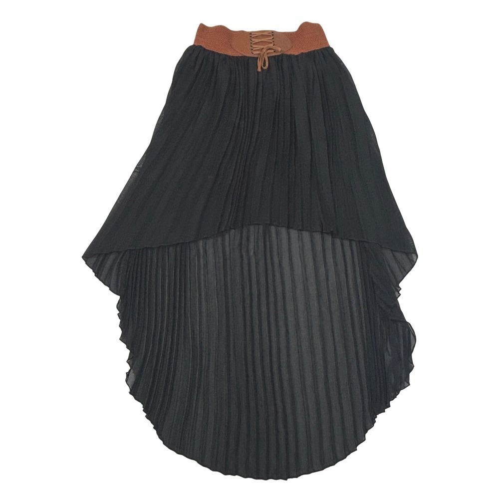 BB Couture Womens Pleated High Low Festival Skirt Black Chiffon Corset Waist Med
